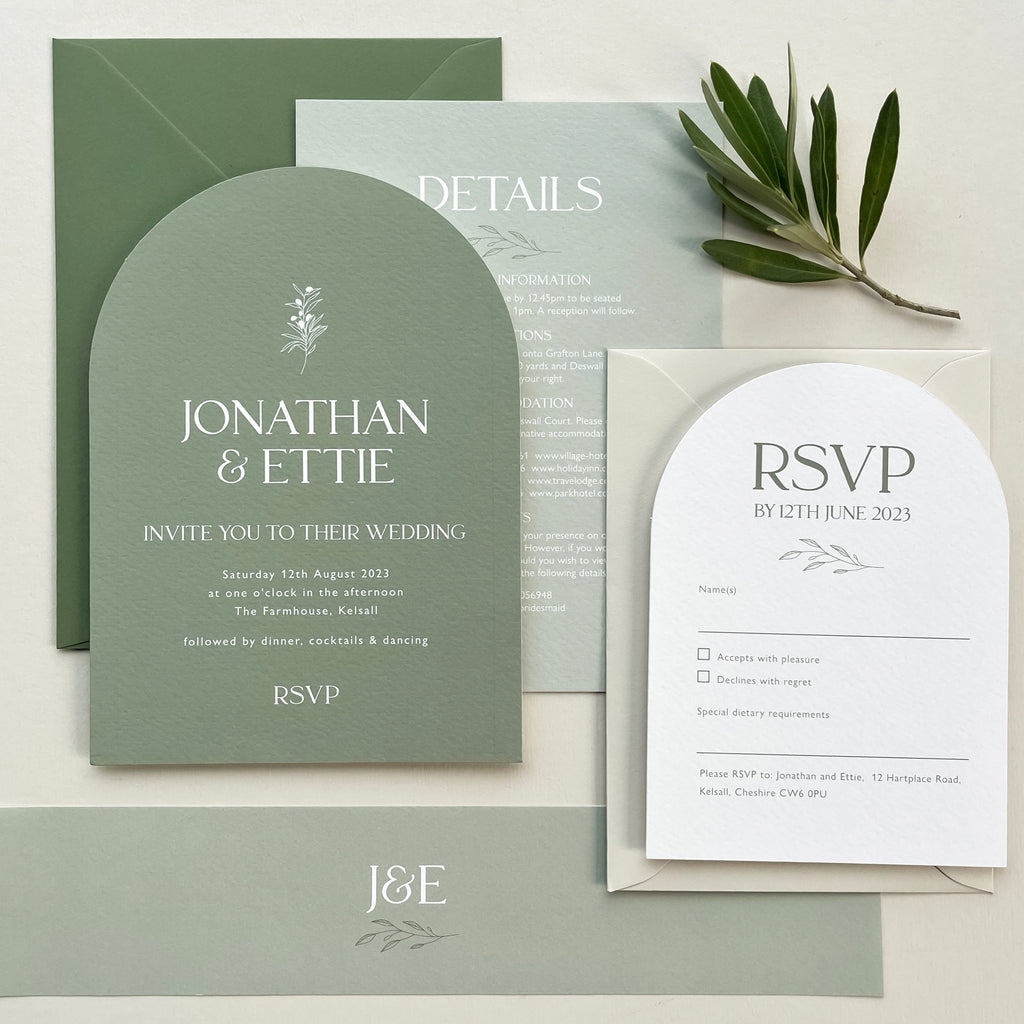Arch olive wedding invitations