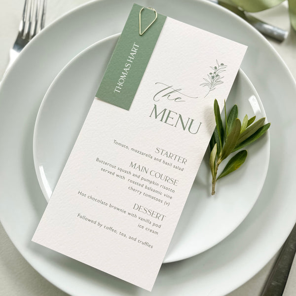 Olive green wedding menu cards with attached personalised name card