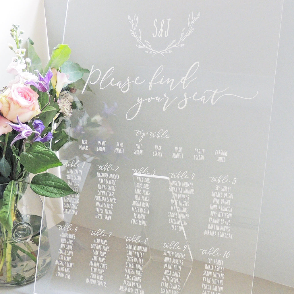 Laurel monogram perspex A2 wedding table plan - Project Pretty
