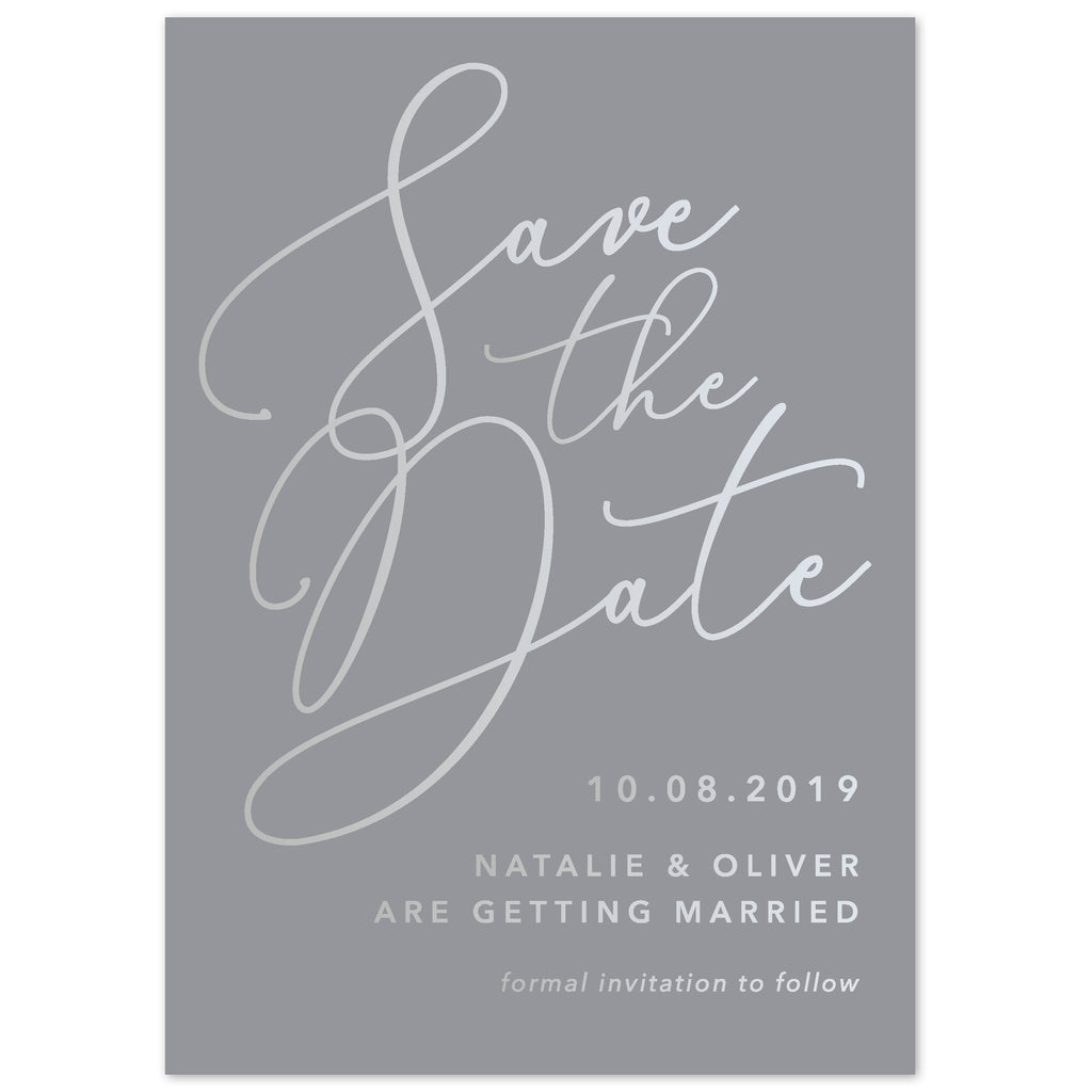 Natalie grey foil save the date card - Project Pretty
