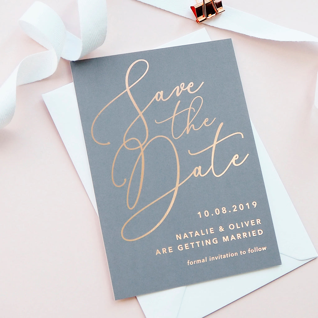 Natalie grey foil save the date card - Project Pretty