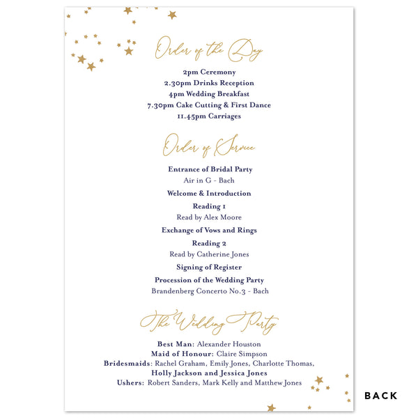 Celeste Wedding Order Of The Day Program Cards