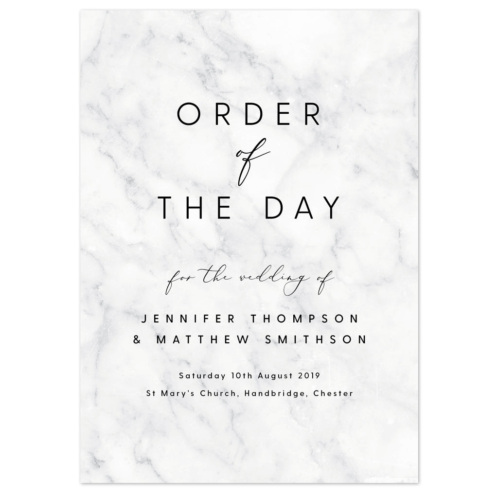 Monochrome Marble Wedding Order Of The Day Program Cards - Project Pretty