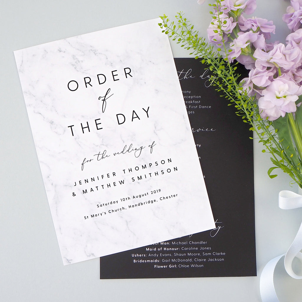 Monochrome Marble Wedding Order Of The Day Program Cards - Project Pretty