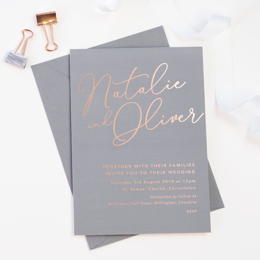 Natalie grey foil printed wedding invitations - Project Pretty