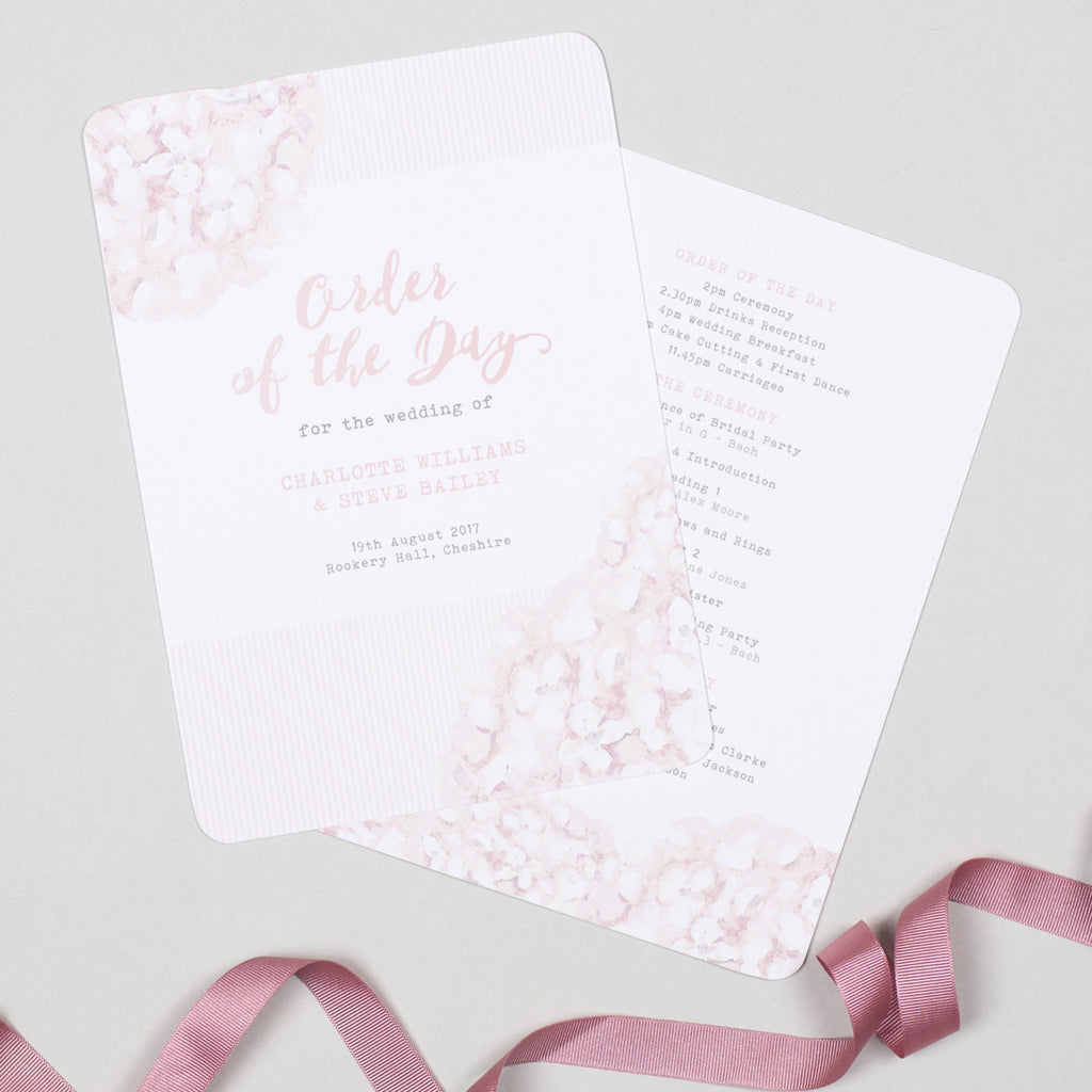 Hydrangea Pink Order Of The Day Program Cards - Project Pretty
